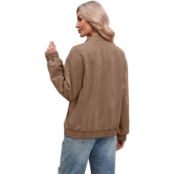 Women's Faux Leather Jacket Oversized Suede Camel Bomber Coat Fall Winter Outfit - Picture 4 of 4